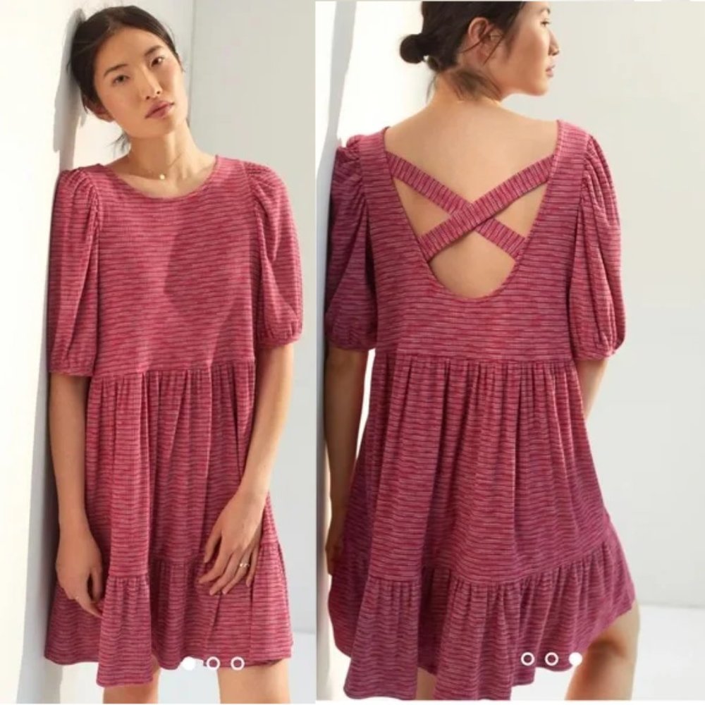NWT Daily Practice by Anthropologie Flounced Mini Dress Dark Pink Striped